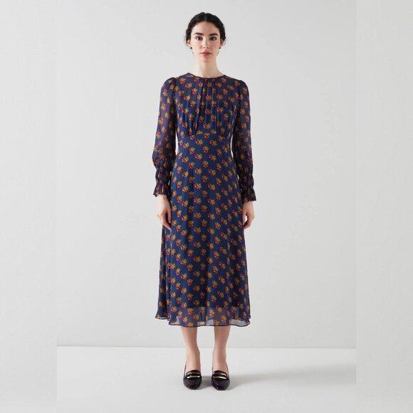 LK Bennett Dresses & Skirts - LK BENNETT Wren Blu-navy Multi Crewneck Floral-print Woven Midi Dress Sz 8
